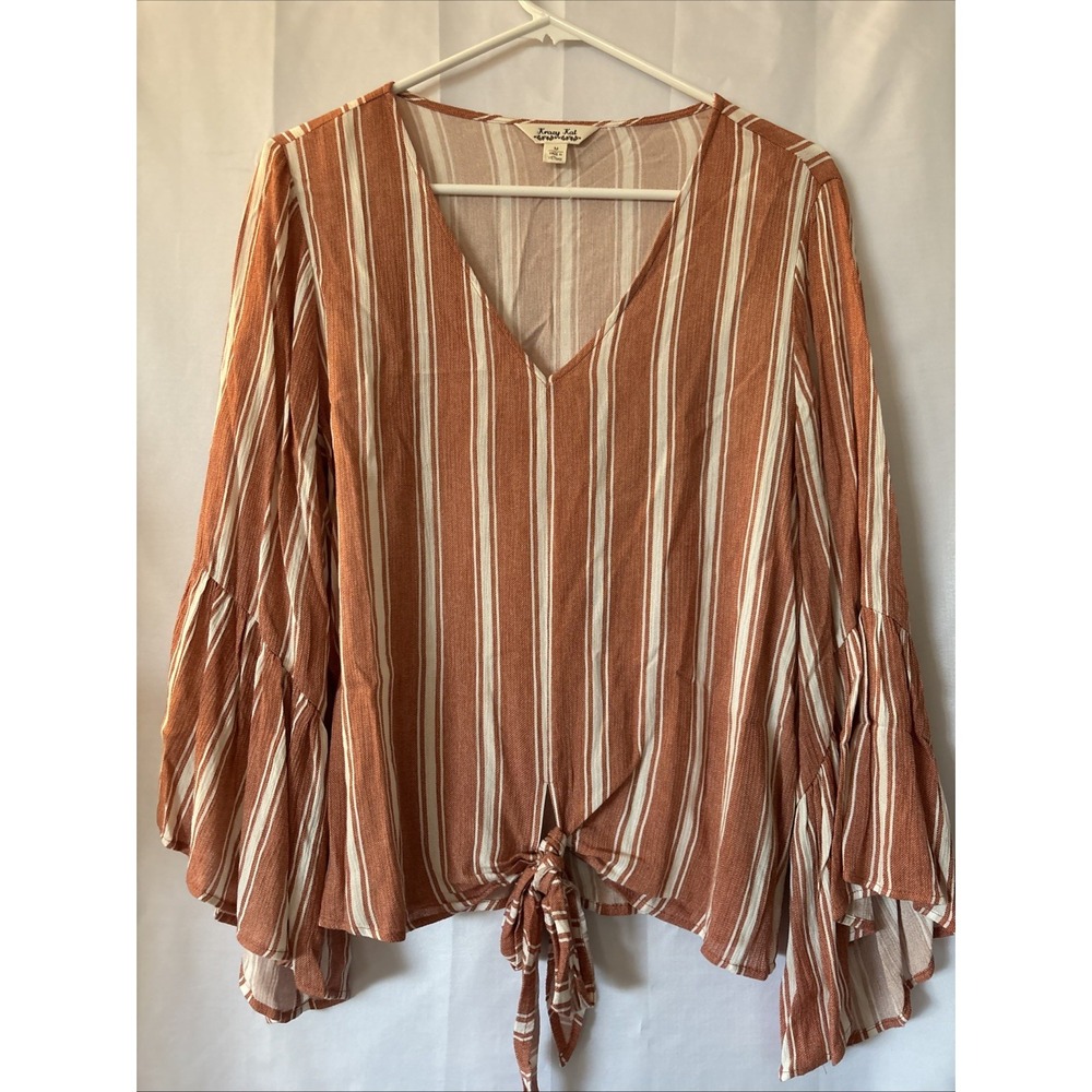 Krazy‎ Kat Women Medium Top Blouse Long Sleeve Bell Stripe V-Neck Adult Fit